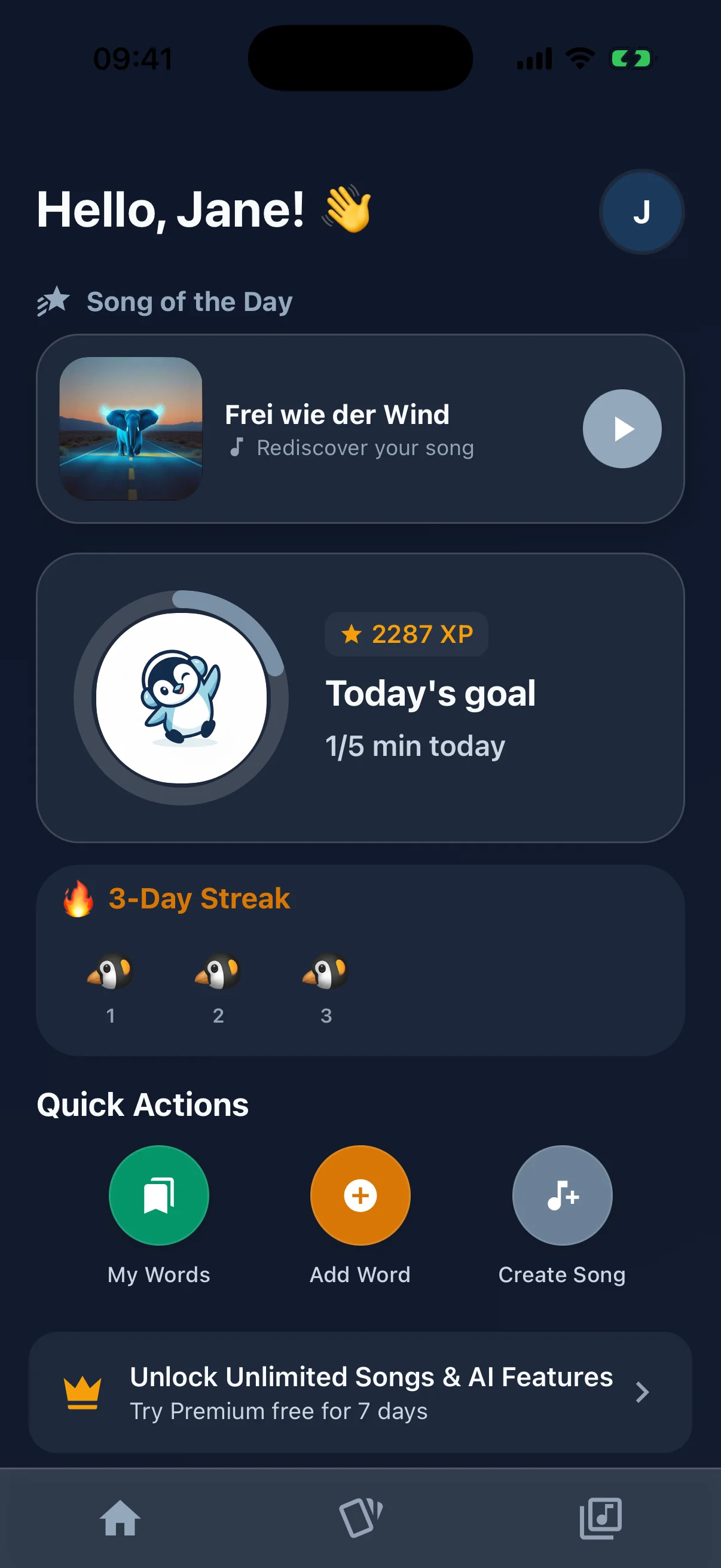 The Lingotify player in dark mode at night, showing a generated song with its lyrics and the learner's own vocabulary words marked in the lines