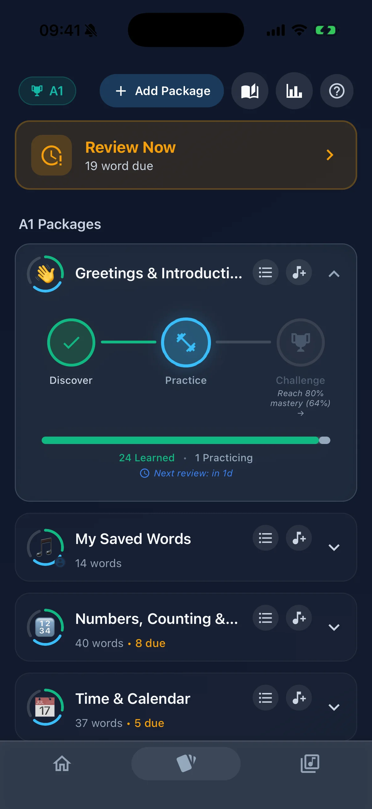 The Lingotify practice screen in dark mode, listing words due for review and progress on each word package