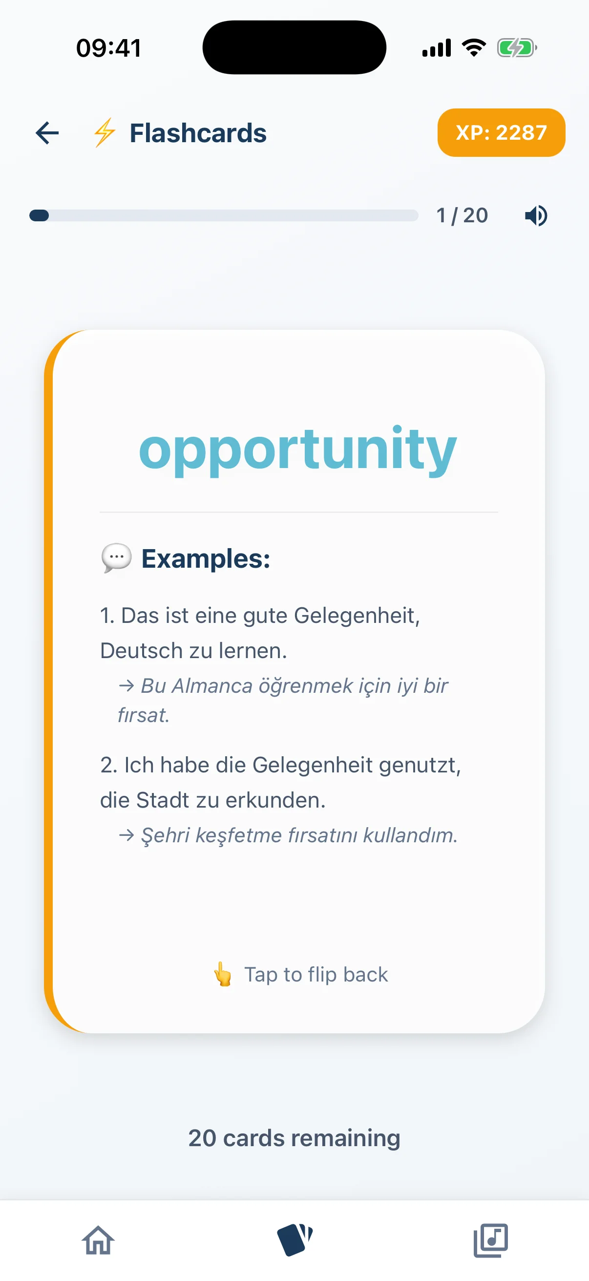 A Lingotify flashcard flipped to its back, showing the word opportunity with two German example sentences and their Turkish translations, and twenty cards remaining below