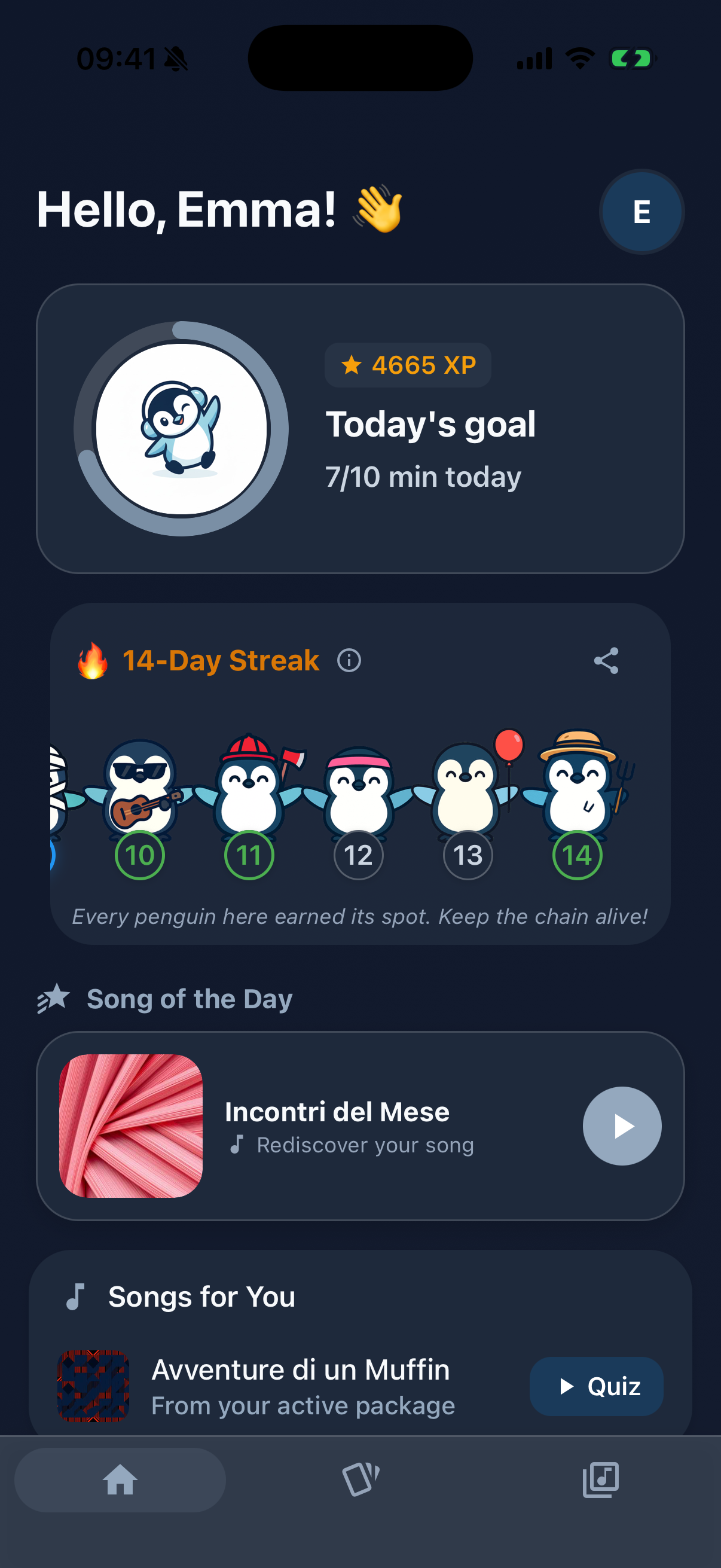 Lingotify Home Screen - Song of the Day, XP tracking, streak counter